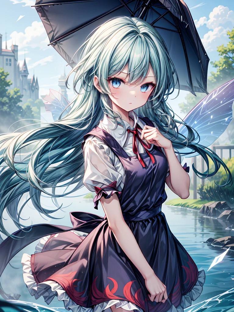 1girl, ((Alluring)),((Wear cold air)),cirno (Touhou), ((long hair)), blue hair, ice wings, ((Hair blowing in the wind)),fairy wings, Blue eyes, bangs, white shirt, collared shirt, puffy short sleeves, blue dress, pinafore dress, red ribbon, neck ribbon, blue bow, green bow, hair bow, bow,((misty lake)),((Gensokyo))