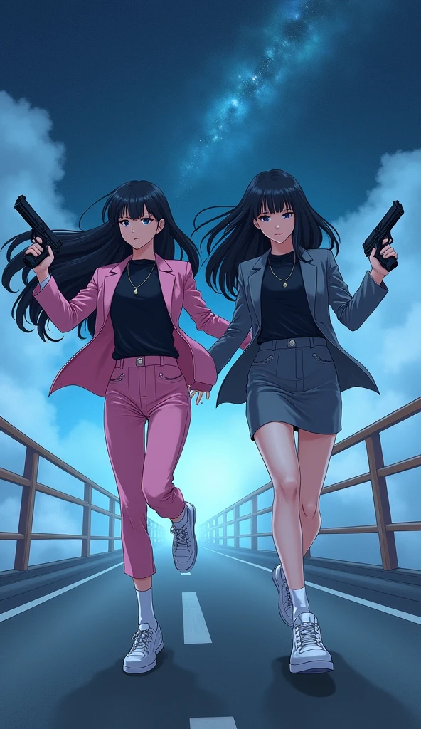 Two girls long black hairs, yuri,(The first girl wear a pink suit, black shirt, pink pencil skirt, white socks, white sneakers) and (The second girl wore a grey suit, black shirt, grey pencil skirt,  white socks, white sneakers), holding a handguns, running on the long foggy bridge, fantastic night sky, novel cartoon, 4K, HD