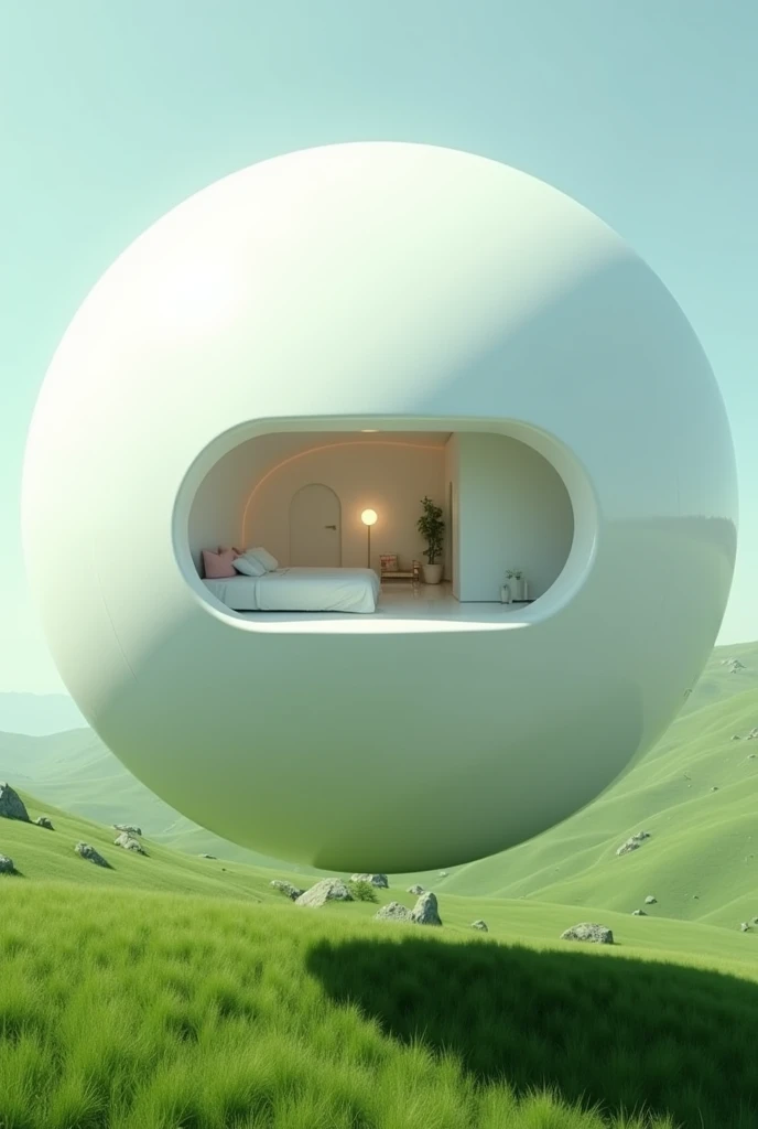 A floating white sphere, build it on the grassland, put a window on it somewhere higher、Create a space inside where people can live.