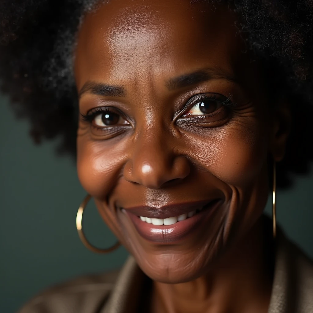 Beautiful mature woman 60 years old, wrinkles on the face, detailed face and texture, American woman, Black skin color, looks into the frame