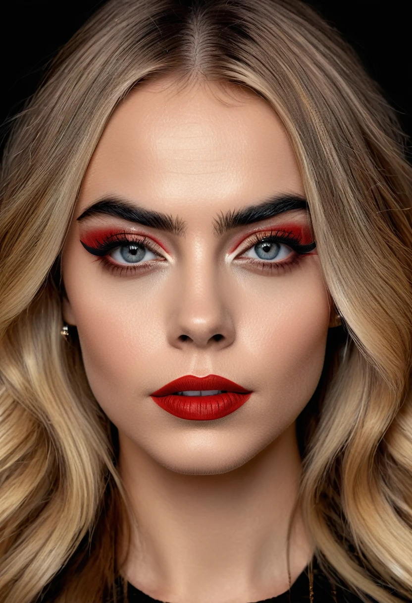 A waist-up portrait of a beautiful female whose face combines features of Cara Delevingne + Madonna. The female has lovely makeup on her face. The female wears red lipstick. Symmetrical eyes. Symmetrical face. Lovely details. Photorealistic. Full-colored photo. Professional photo. Highly detailed 8K.
