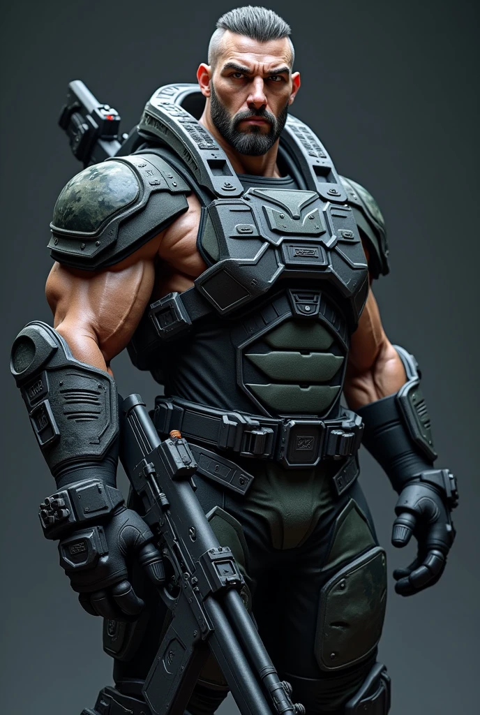 Highly detailed male character of team-based action shooting video game、Job title: Tank、Ice hockey goalkeeper armor、Exquisitely detailed muscular body、Broad shoulders、Thick chest、Developed brachial muscles、Toned Abs、Developed thigh muscles、Fierce_Elaborate and detailed faces、Very short hair、Night camo color scheme、Futuristic heavy armor、Tactical Helmet、Futuristic shotgun、Concept Art、Intricate details、Hyperrealistic、8k、Highest quality、Photorealistic、masterpiece