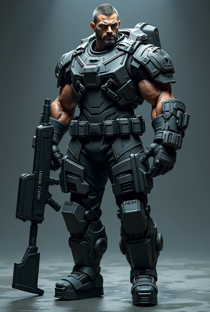 Highly detailed male character of team-based action shooting video game、Job title: Tank、Ice hockey goalkeeper armor、Exquisitely detailed muscular body、Broad shoulders、Thick chest、Developed brachial muscles、Toned Abs、Developed thigh muscles、Fierce_Elaborate and detailed faces、Very short hair、Night camo color scheme、Futuristic heavy armor、Tactical Helmet、Futuristic shotgun、Concept Art、Intricate details、Hyperrealistic、8k、Highest quality、Photorealistic、masterpiece