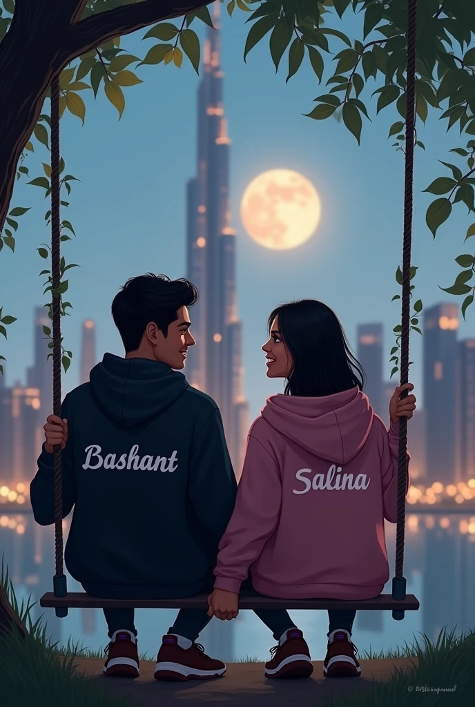 there are 20 Year old nepali couple sitting  in sky inof front on a swing in front of Dubai burz khalifa the beautiful greenery view, wearing a black and pink hoodie,boy with name BASHANT, write on it,girl with name SALINA, write on it ,lovely couple, sitting on a moon,holding hands in the moonlight realistic detail photo, front face side view 
