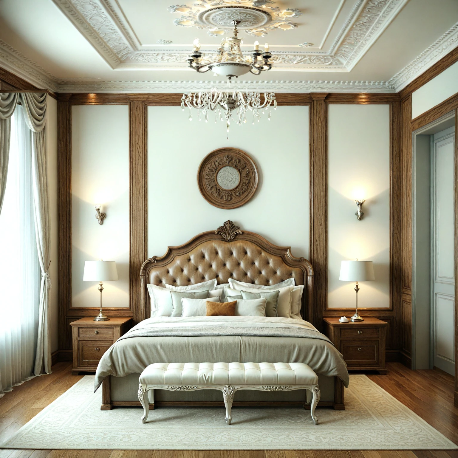 RAW photo, masterpiece, a view of a ( Bed ROOM :1.3) with a couch, chairs, and a chandelier, highly detailed interior, neo - classical style, neoclassical style, neoclassicism style, interior architect architectural visualization, neoclassical style, in style of classicism, white light sun, rendered in vray, rendered in v-ray, rendered in unreal engine 3d, (photorealistic:1.2), (photorealistic:1.5), best quality, ultra high res, architechture, (leather sofa detail:1.5), neoclassic house, (detailed railing neoclassic:1.5), luxury neoclassical villa, (mable floor details:1.5), (detailed neoclassical carpet:1.5), in the style of neoclassical scene, glass windows, best quality, (Intricate lines:1.5), ((Photorealism:1.5)),(((hyper detail:1.5))), archdaily, award winning design, (dynamic light:1.3), (day light:1.2), (perfect light:1.3), (shimering light :1.4), refection glass windows, (curved line architecture arch:1.2), photorealistic, FKAA, TXAA, RTX, SSAO, Post Processing, Post-Production, CGI, VFX, SFX, Full color,((Unreal Engine 5)), Canon EOS R5 Camera + Lens RF 45MP full-frame CMOS sensor, HDR, Realistic, Cinematic intricate detail, extreme detail, science, hyper-detail, FKAA, super detail, super realistic, crazy detail, intricate detail, nice color grading, reflected light on glass, eye-catching wall lights, unreal engine 5, octane render, cinematic, trending on artstation, High-fidelity, Viwvid, Crisp, Sharp, Bright, Stunning, ((Lifelike)), Natural, ((Eye-catching)), Illuminating, Flawless, High-quality,Sharp edge rendering, medium soft lighting, photographic render, detailed archviz, ((( BRIGHT WHITE  Tone : 3 ))), (( reddish-brown doussie wood : 1.5))
