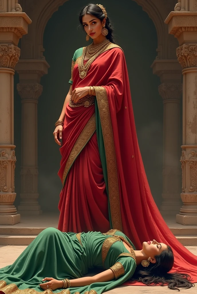 Two indian queens, one hindu dressed in red and the other Muslim dressed in green , the hindu queen is stepping on the face of the muslim queen, who is on the ground defeated