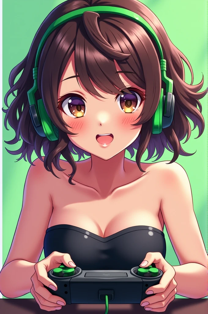 anime girl gamer xbox short hair brown curly hair earphones green strapless blouse black