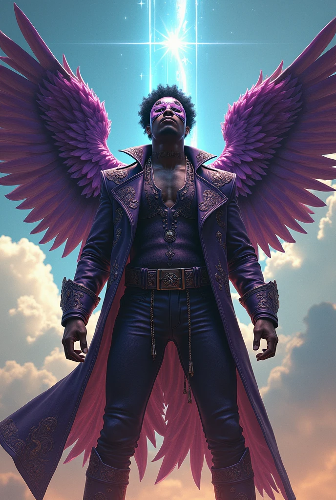 An afro male in rockstar outfits & music mask on with huge wings in the dark sky, with the word Tj Purple boldly written on the background in horror text with musical symbols