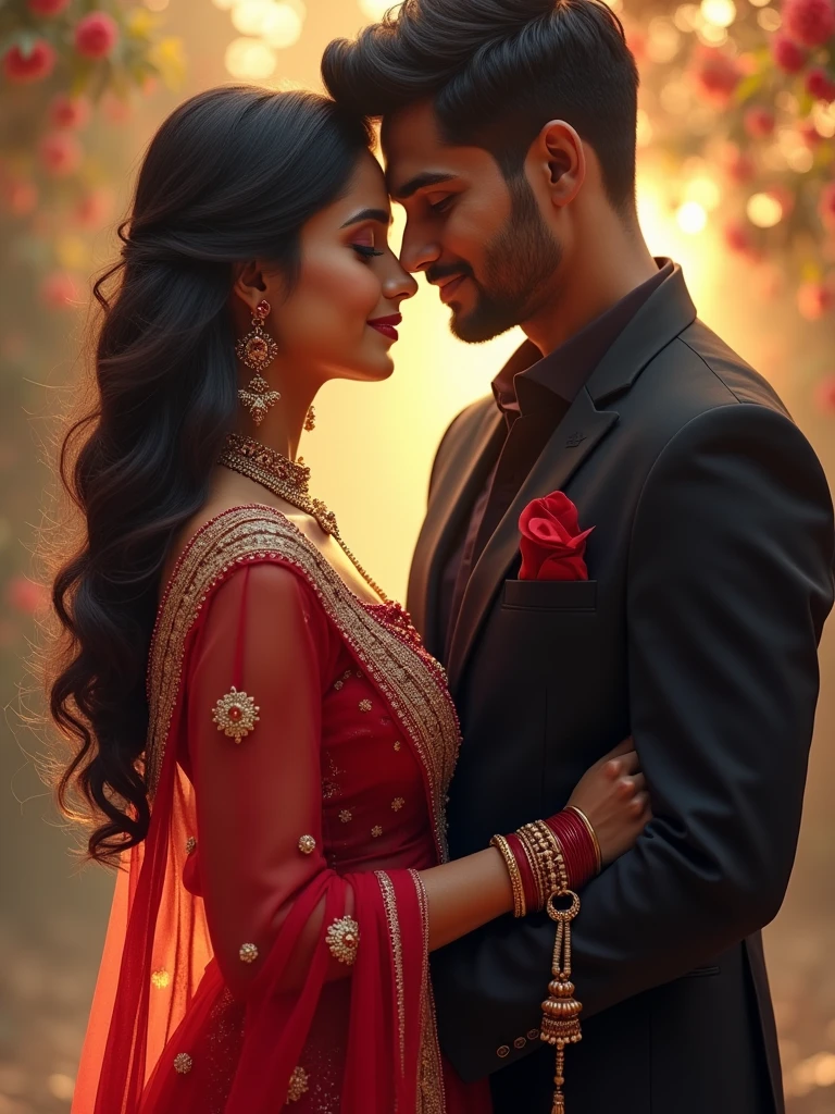 There is a 20-year-old Indian girl she wears a half-red lehenga and her boyfriend is standing beside her sexy look