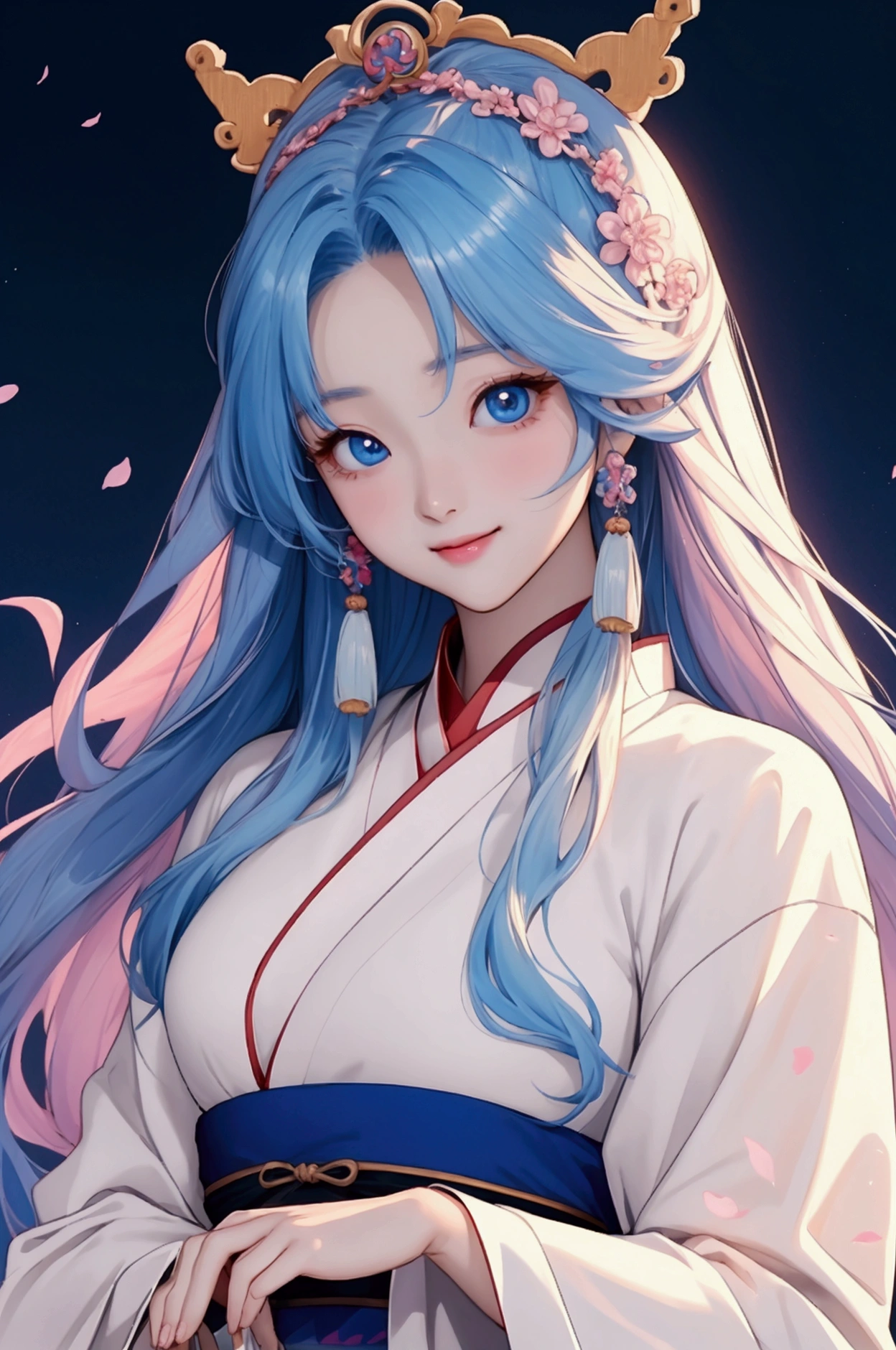 (Highest quality、 8k 、masterpiece、High resolution)、(Chinese Drama、Changgexing、Li Changge、Dililaba)、Tang Dynasty、Changan、1 Female、Beautiful young person、blue eyes、Pretty lips、(Anime Beauty)、(Anime Art)、Smiling and posing happily、Bright atmosphere、Light colored long hair、Light pink Hanfu、古いChanganの街並み、Official Art、Detailed CG、