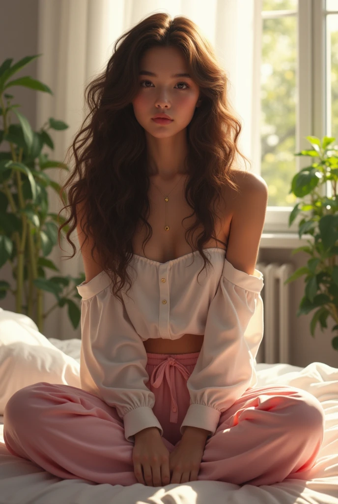 (photorealism:1.4), beautiful woman, sitting on bed, wearing loose off-shoulder top, pajama pants, long curly hair, indoors, soft lighting, plants in background, window with sunlight, cozy room, relaxed pose, realistic, intricate details, highschool girl, half Asian half German