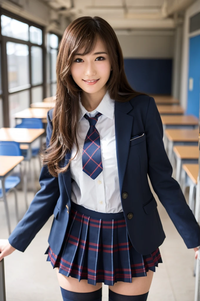 Girl standing in a school classroom,Blue tie uniform,Dark Blue Blazer,Blue plaid skirt,18-year-old,bangs,Smile a little,Thighs,knees,From below, Navy blue knee socks, Long Hair, Black Hair, Highest quality, masterpiece, High resolution, Ultra high definition, 