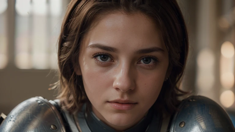 The expression on her face is confident,17 year old Jeanne d'Arc,(BestQuality,4k,8K,HighResolution,Masterpiece:1.2),High Definition,(realistic,photo-realistic,photo-realistic:1.37),Portrait Jeanne d'Arc,female knight,short brown hair,cinematography,vivid colors