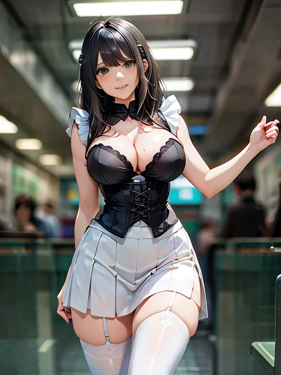 A woman wearing a black maid outfit and a white skirt, White Stockings, Tight corset, Showing off her huge curves, Mohawk hairstyle, Very beautiful. Surrounded by older gentlemen who admired her. She starts to brag playfully., Get noticed. She faces the viewer, Laughing happily, In a futuristic subway setting. Anime Style, masterpiece, Highest Resolution, quality, detailed, Sharply focused, Professional image