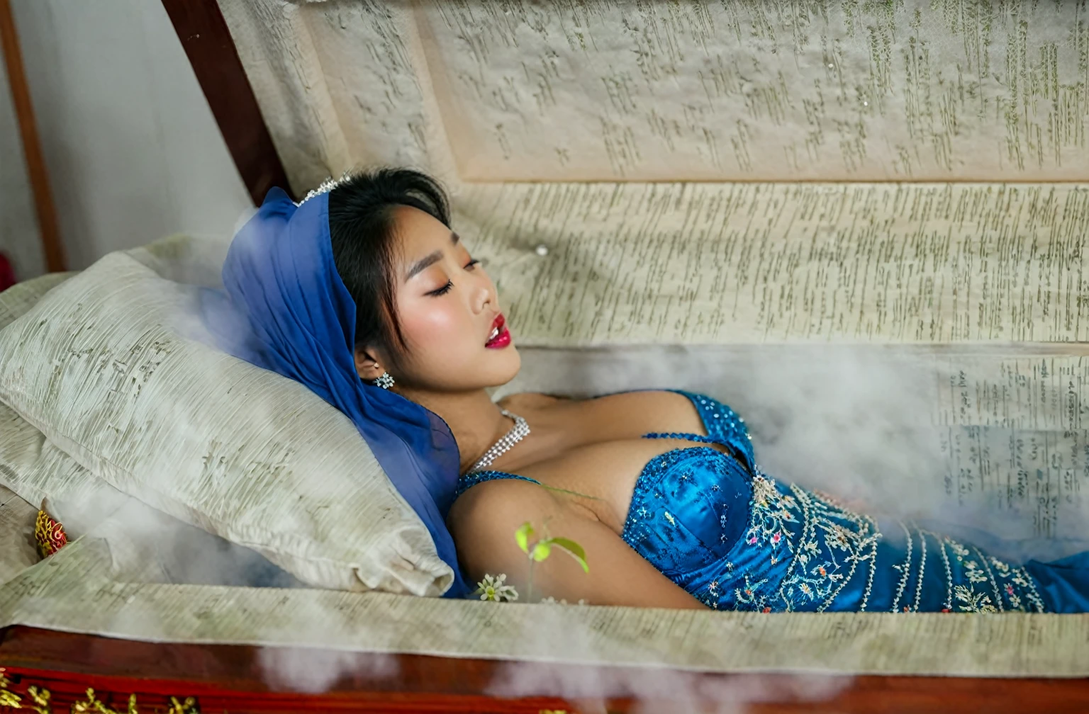 In a striking 8K HDR scene, a stunning Korean woman, 22 years old, lies peacefully in a long coffin and coffin lid beside the dead body. surrounded by plush pillows behind head. The deep box is set against a rich white background, accentuating the beauty of the subject. Her exquisite deep-V neckline kebaya attire is embroidered with superb detail, showcasing her round and firm breasts, perfect cleavage, and beautiful eyebrows. Her closed eyes and mouth give an air of serenity, while her visible and absolute cleavage leave nothing to imagination. The scene is bathed in saturated colors, highlighting every intricate aspect from the ball skirt to her clean face, straight body, detailed hand perfect hands, straight body