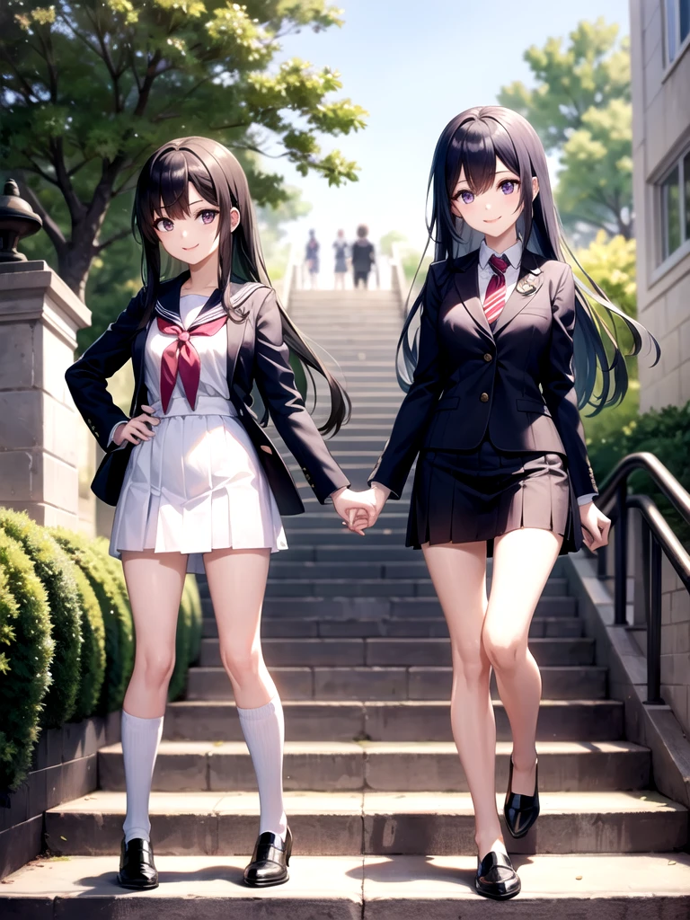 Black-haired long-haired high school girl、Purple eyes、Sailor suit、blazer、School stairs、Getting off、smile、whole body