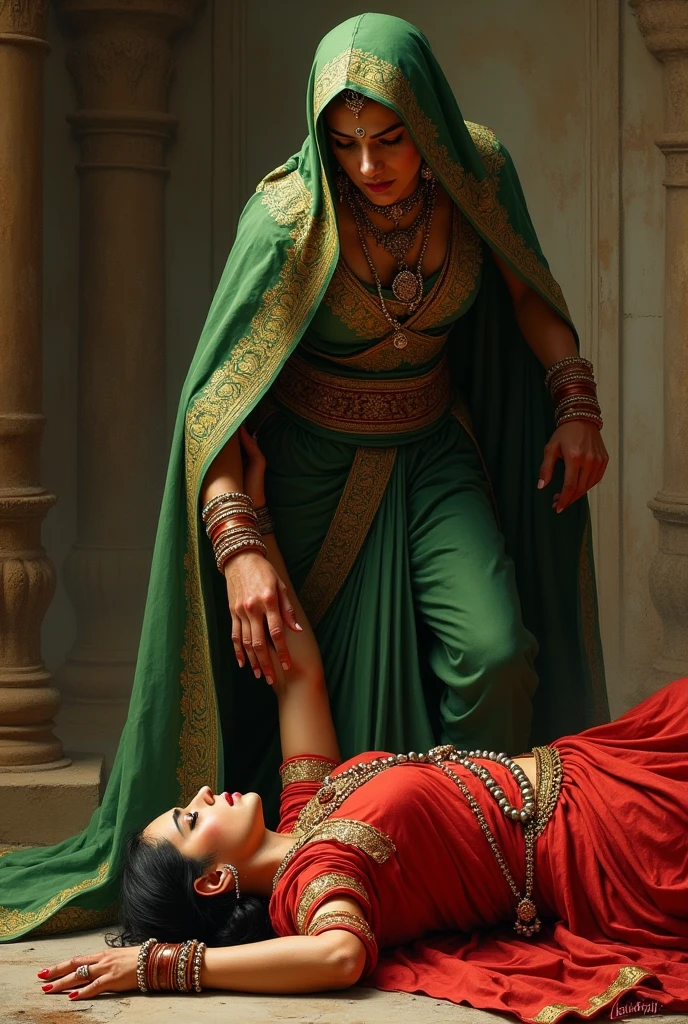 Two indian queens, one hindu dressed in red and the other Muslim dressed in green , the muslim queen is stepping on the face of the hindu queen, who is on the ground defeated