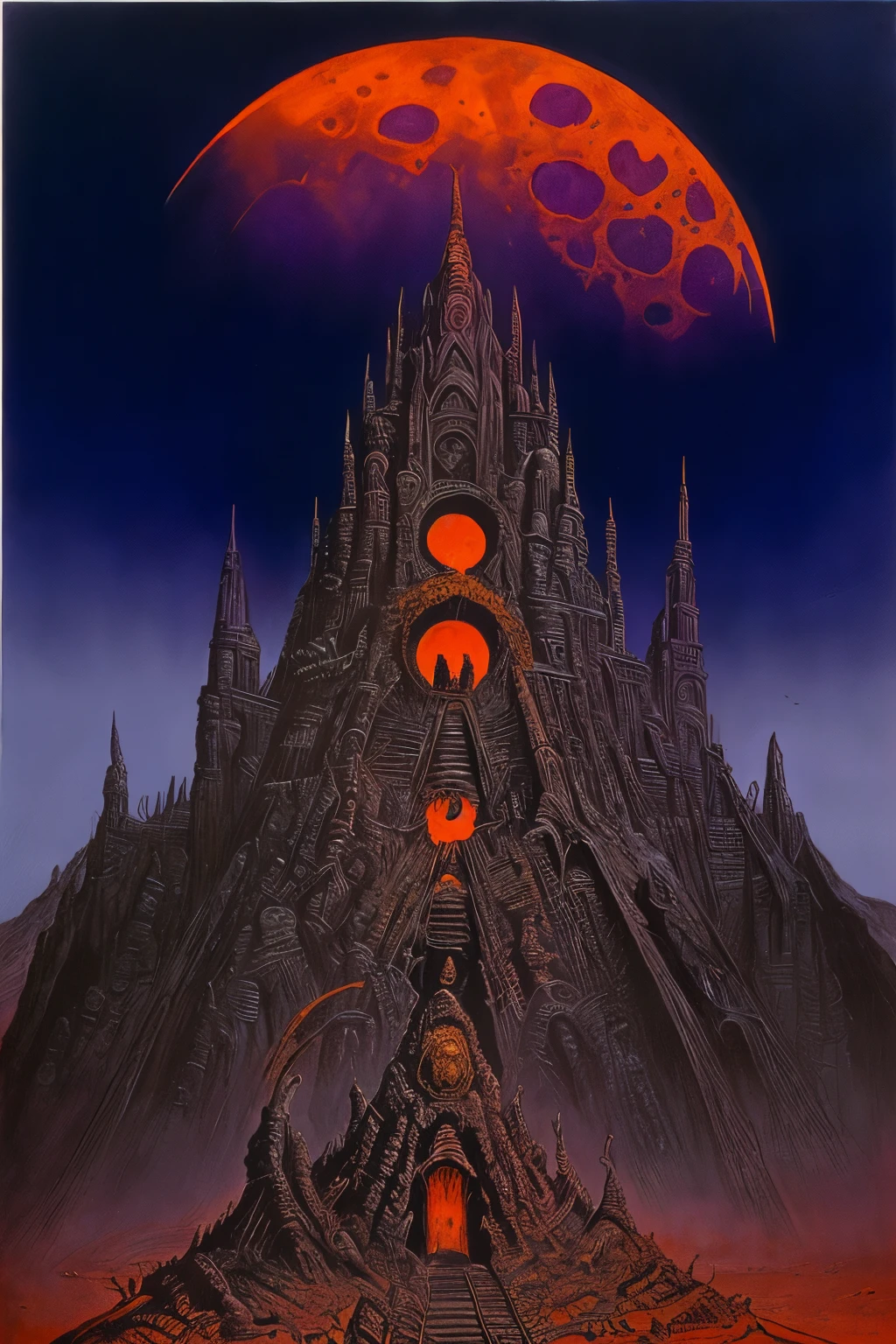 methurlant, mountain, blood moon,bat, (intricate, atmospheric, surreal, gritty, cinematic, stylized, contrast, comic, eerie, stylized, cybernetic, futuristic, dystopian), Dawn, Art Deco, (Secondary colors:1.1), (Perspective:1.1), (bat:1.1), (moon:1.2) , ultra detailed, intricate, oil on canvas, dry brush, (surrealism:1.1), (disturbing:1.1)