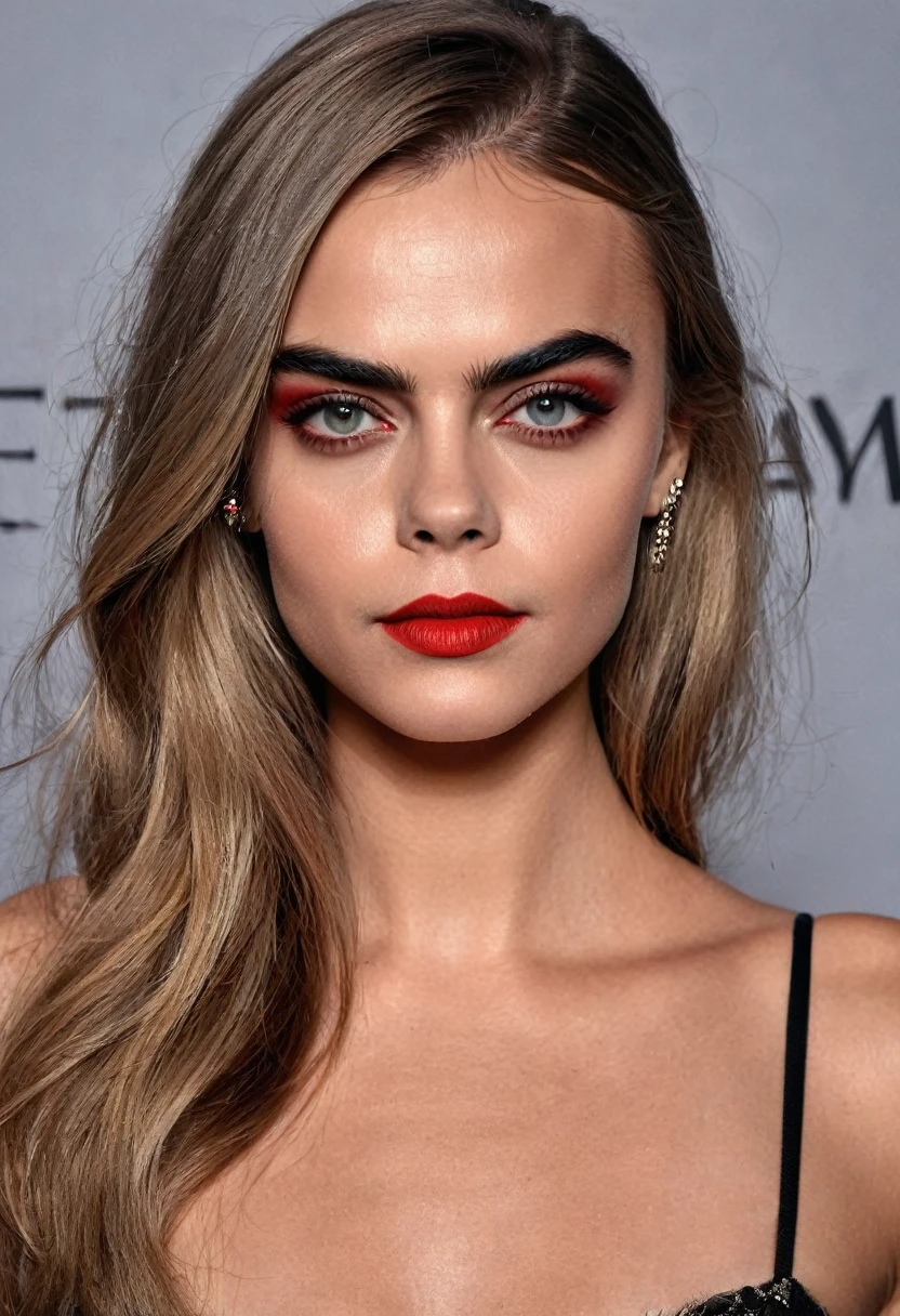 A waist-up portrait of a beautiful female whose face combines features of Cara Delevingne + Canadian actress/model Jesse Capelli. The female has lovely makeup on her face. The female wears red lipstick. Symmetrical eyes. Symmetrical face. Lovely details. Photorealistic. Full-colored photo. Professional photo. Highly detailed 8K.