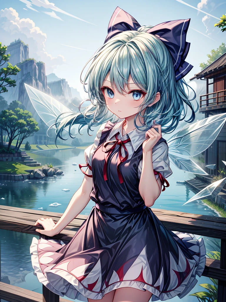 1girl, ((Alluring)),((Wear cold air)),cirno (Touhou), ((long hair)), blue hair, ice wings, ((Hair blowing in the wind)),fairy wings, Blue eyes, bangs, white shirt, collared shirt, puffy short sleeves, blue dress, pinafore dress, red ribbon, neck ribbon, blue bow, green bow, hair bow, bow,((misty lake)),((Gensokyo))