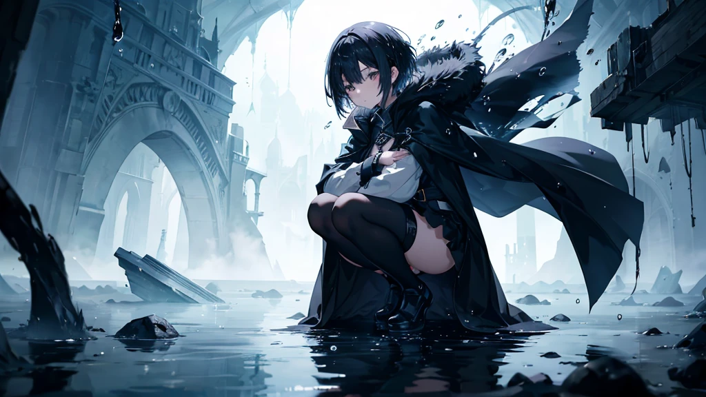 anime girl with black short hair, black cloak, apocaliptic, floating drops of water, ethereal, dramatic lighting, standing on her knees at water floor, fantasy