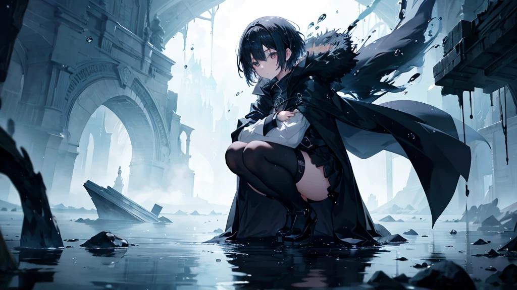 anime girl with black short hair, black cloak, apocaliptic, floating drops of water, ethereal, dramatic lighting, standing on her knees at water floor, fantasy