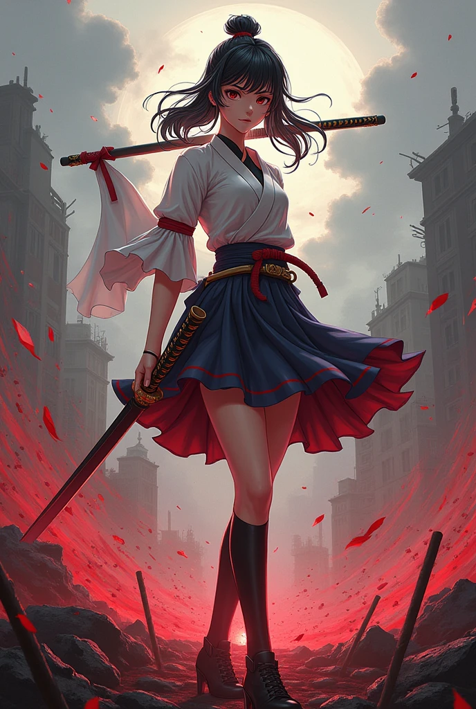 an anime style girl, holding a katana in war 