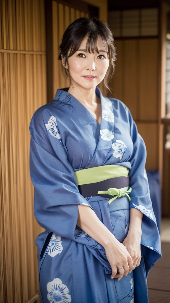 a mature beautiful Japanese woman, shy, chubby, (wearing blue flower pattern common Japanese Yukata without wrinkles:1.25), with Not twisted obi, portrait, masterpiece, best quality, High resolution, plum lips), tie dark brown hair, 8k, traditional Japanese house outside,