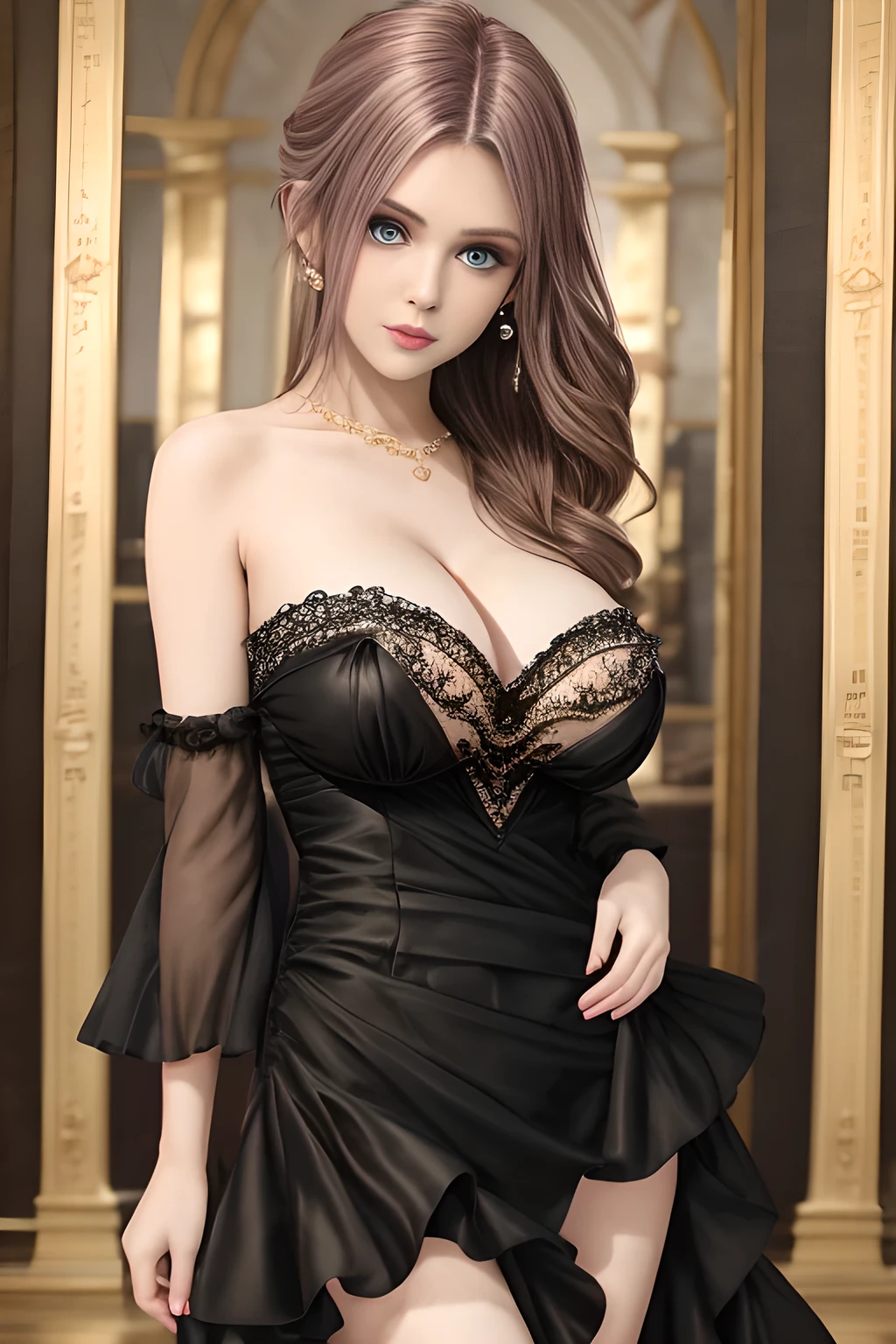 1girl is wearing an elegant black strapless dress. The perspective-dress is beautifully designed with ruching on the bodice and a cascading ruffled asymmetrical hem, adding a playful and chic touch to the outfit. The person is standing upright, with one hand gently touching their leg and the other hand relaxed by their side. The background is plain and neutral, drawing attention to the dress itself. The lighting is soft, highlighting the details of the dress and creating a fashionable and stylish atmosphere,, huge breasts, elise