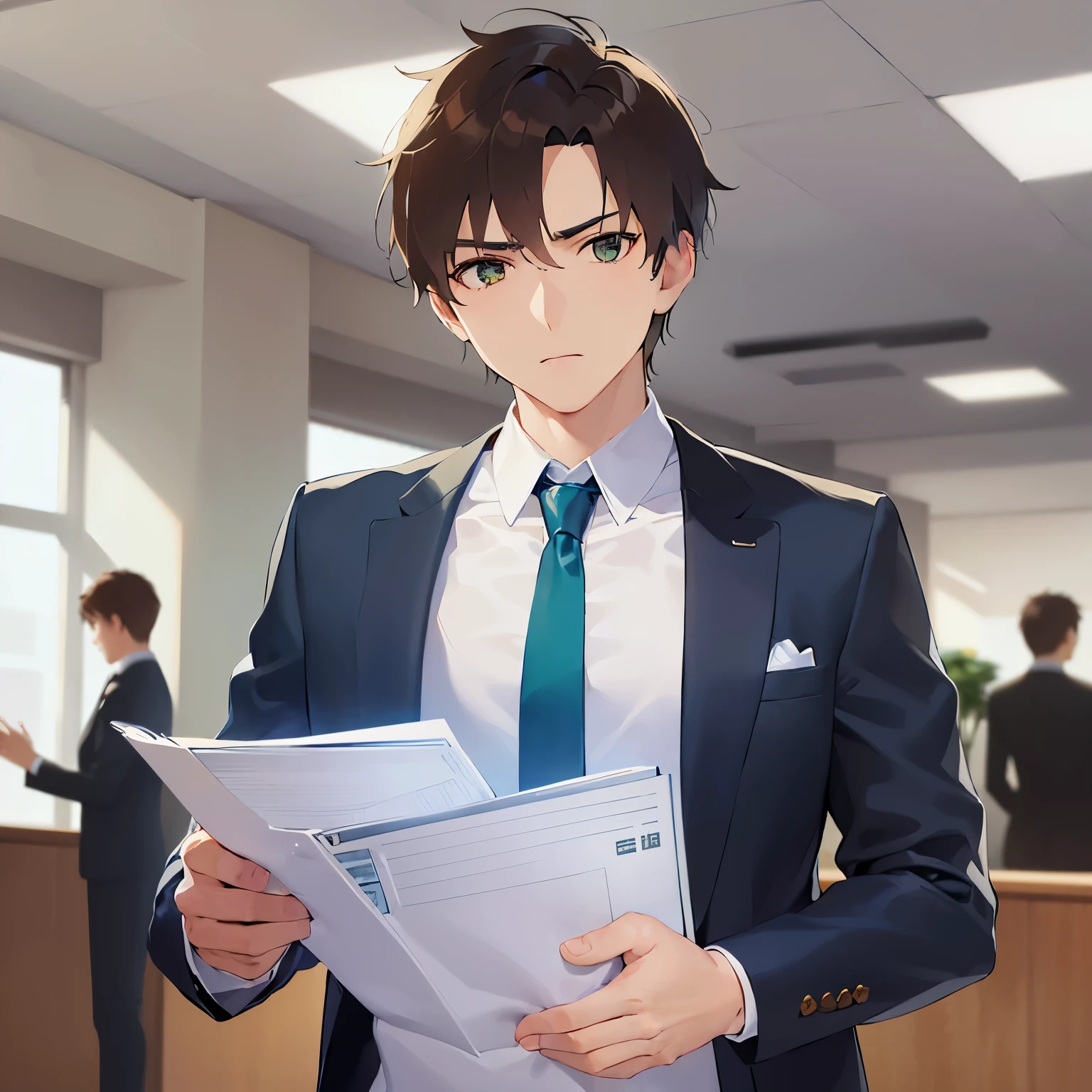 holding a document, upper body、shiny skin, masterpiece、Highest quality、(25-year-old male:1.5) and (Brown short hair) and (Green Eyes), BREAK (suit:1.5) and (Blue tie) BREAK 、Are standing、Serious expression、Background is an office room、(Alone:1.5)、Upper body is shown、