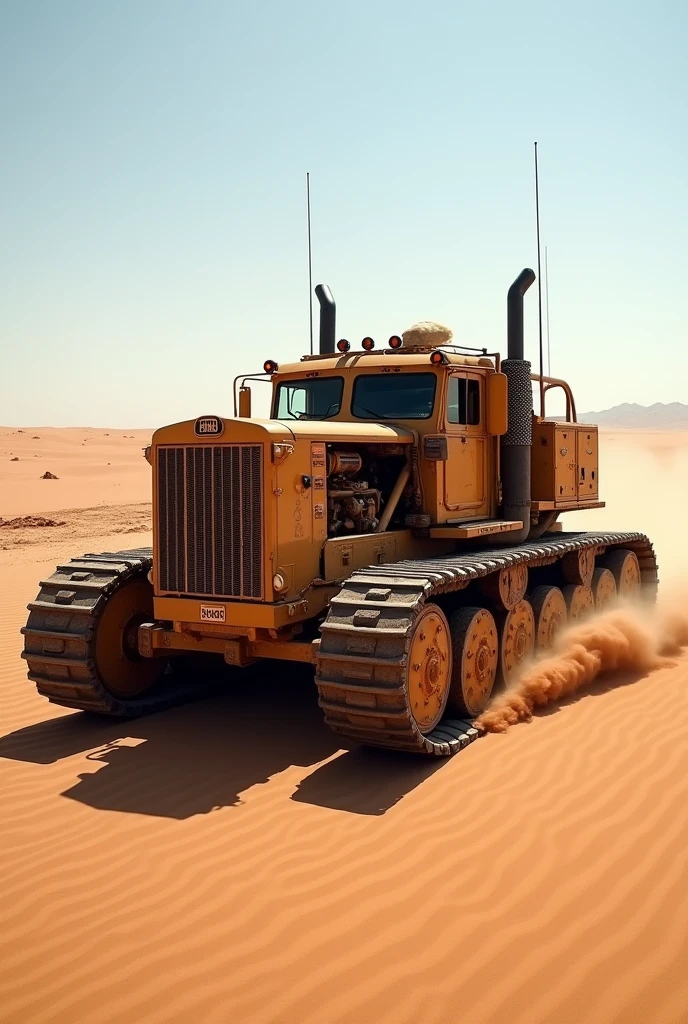 (RAW photo, realistic photo, high quality, masterpiece), caterpillar track, tracked transportation vehicle, cannon installed, moving on desert 