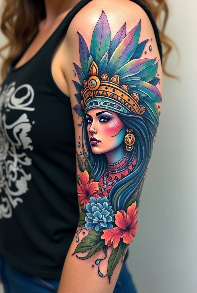 A watercolor tattoo design of the god Tlaloc that wraps around the arm