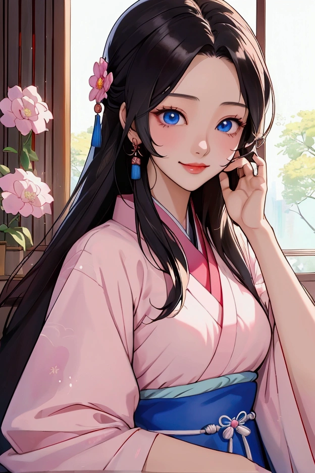 (Highest quality、 8k 、masterpiece、High resolution)、(Chinese Drama、Changgexing、Li Changge、Dililaba)、Tang Dynasty、Changan、1 Female、Beautiful young person、blue eyes、Pretty lips、(Anime Beauty)、(Anime Art)、Smiling and posing happily、Bright atmosphere、Light colored long hair、Light pink Hanfu、古いChanganの街並み、Official Art、Detailed CG、