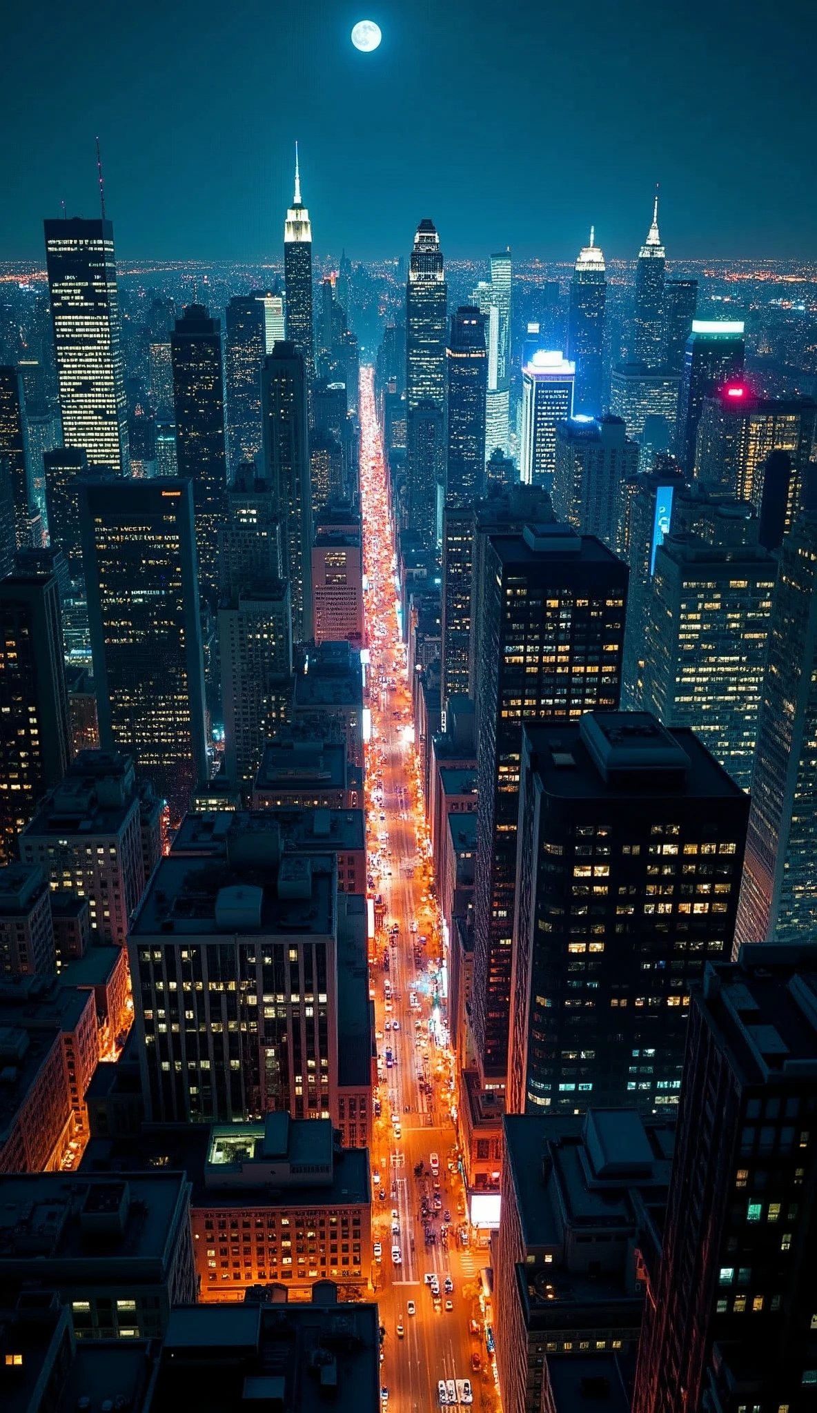 A breathtaking aerial view of a vibrant city at night, seen from above. The skyline is filled with tall skyscrapers, their windows illuminated by thousands of lights. Neon signs glow brightly, adding splashes of color throughout the scene. The streets below are alive with the movement of cars, their headlights creating streaks of light. The entire city is bathed in a soft moonlight, which casts gentle shadows and highlights the contours of the buildings. In the distance, the horizon fades into the night sky, dotted with a few scattered stars. The overall mood is intense and cinematic, with a dramatic contrast between the dark night and the vivid lights of the city. The scene captures the grandeur and energy of the urban landscape, perfect for setting the stage for a passionate rooftop dance