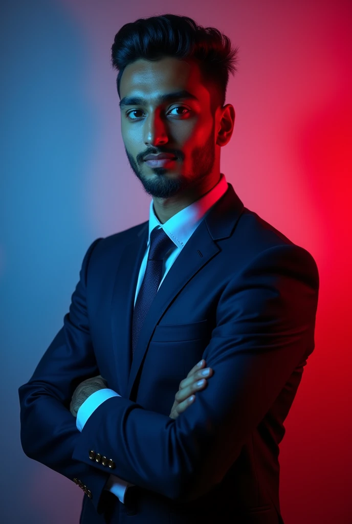 23 year old handsome brown indian man posing for linkedin profile picture wearing a premium sharp suit (tight chest , muscular build ) with a red and blue lights in background creating a good vibe for the background with a proper hairstyle