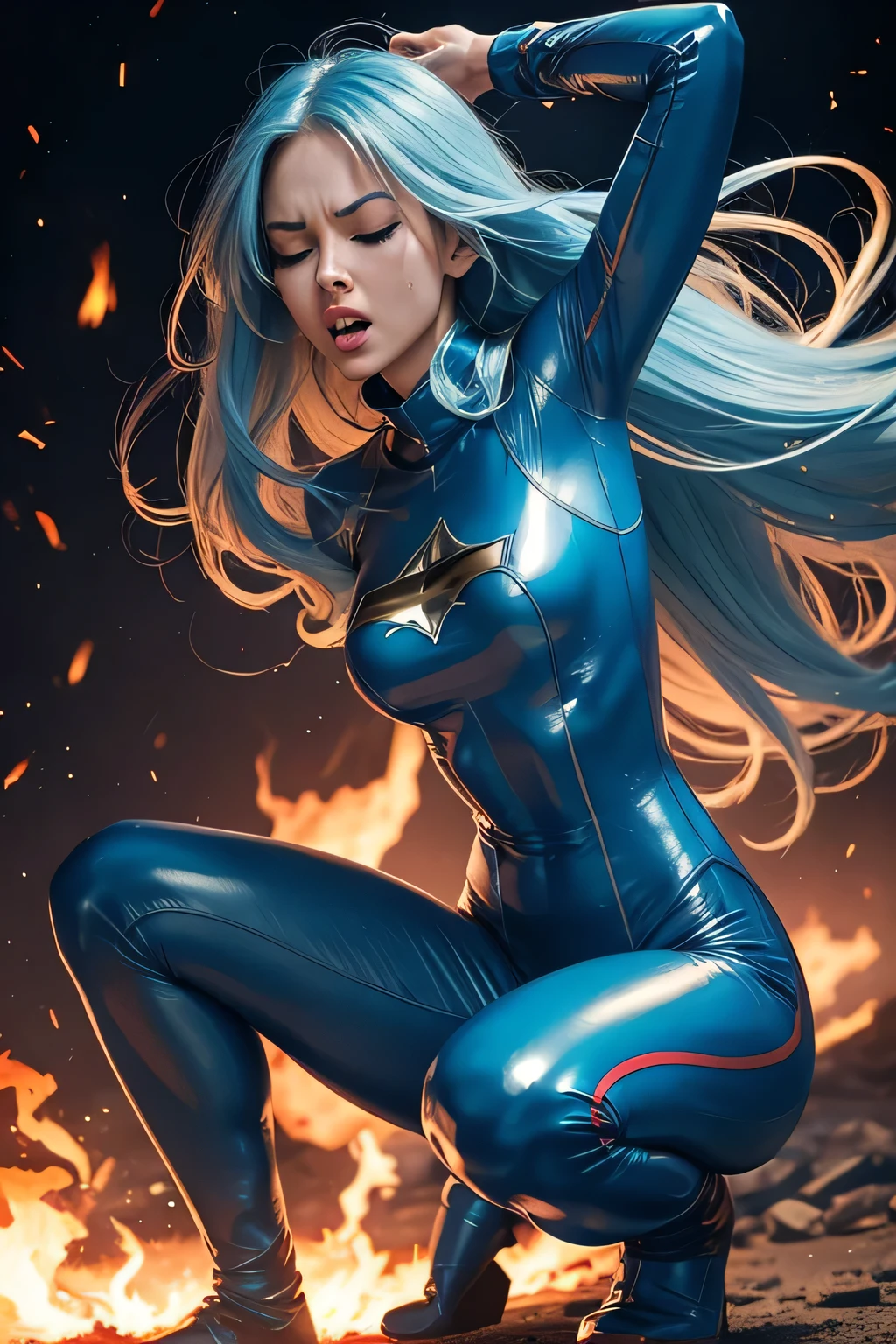 superheroine, long long gorgeous light blue hair, slender body, latex, leotard, blue and white costume, ((blown away)), enveloped in heat hell, red heat, (received heat bullet), (burning air), dark red space distorted, cruelly, (painful), helpless, (screaming in pain), eyes closed, holding on, crouching, gritting teeth, suffering, leaning back, shrimp warping, (lying face up), spreading hands, lifting feet off the ground, being blow through the air, seen many explosion, explosion nitting her, hair swaying in hot air, in underground base