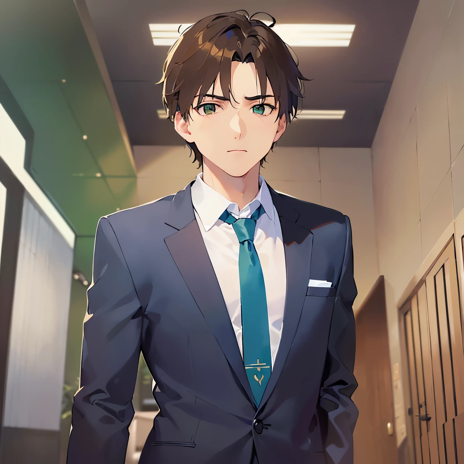 holding a document, upper body、shiny skin, masterpiece、Highest quality、(25-year-old male:1.5) and (Brown short hair) and (Green Eyes), BREAK (suit:1.5) and (Blue tie) BREAK 、Are standing、Serious expression、Background is an office room、(Alone:1.5)、Upper body is shown、