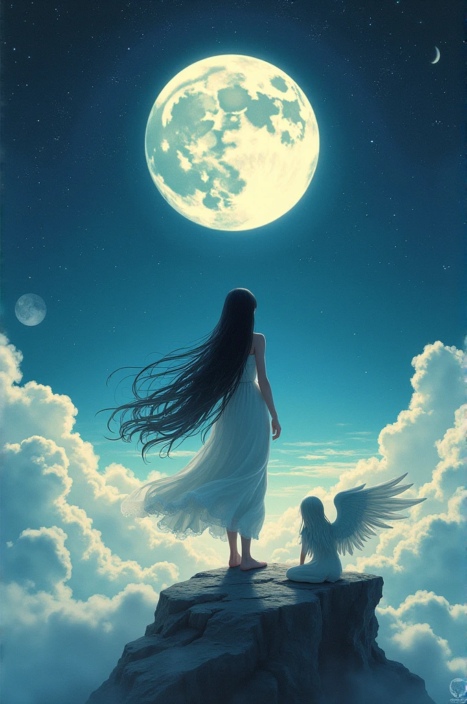 a woman standing on top of a cloud covered ground, kerli koiv as anime girl, alex grey style, stars and moons in the sky, inspired by Antônio Parreiras, angel sitting on a rock, album photo, female with long black hair, alanis guillen, in thick layers of rhythms, amphora, under a full moon