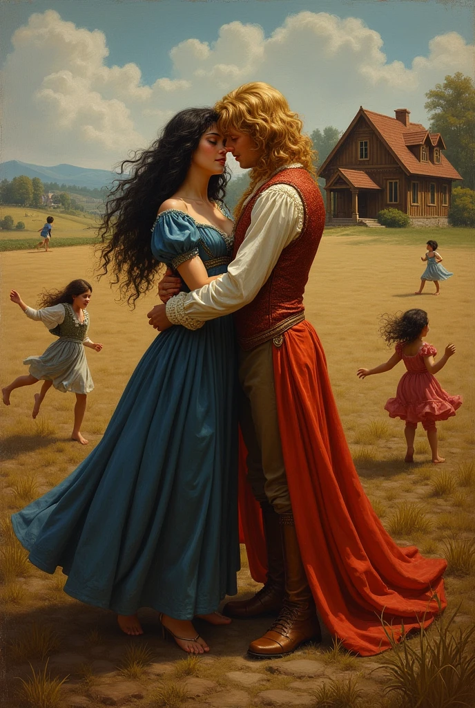 Renaissance painting of a dark-haired princess with long, curly hair and a yellow-haired prince, hugging each other in a plowed field, several children run around him, in the background a comfortable little wooden house