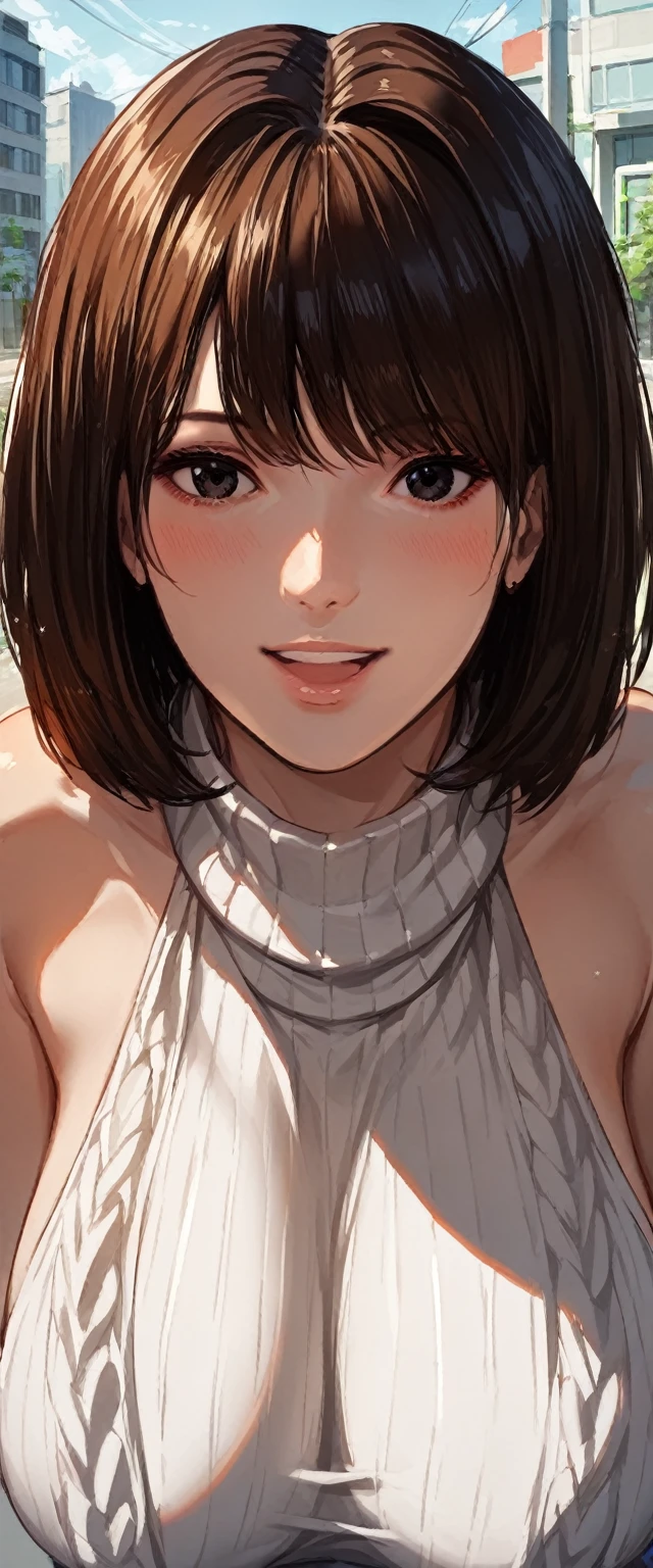 score_9, score_8_up, score_7_up, score_6_up, score_5_up, score_4_up, source_anine, nari, black eyes, brown hair, (medium bob hair:1.5), masterpiece, best quality, ultra-detailed, higres, (POV from front), close shot, 1girl, solo, mature female, beautiful and perfect face, pretty face, mature adult woman, mature milf face, detailed eyes, detailed eyelashes, full-face blush, smile, open mouth, looking at viewer, virgin killer sweater, ribbed sweater, turtleneck sweater, sideboob, leaning forward, large breasts, wide hips, curvy, standing, full body, wearing ankle boots, on street, outdoors, city, building, lamppost