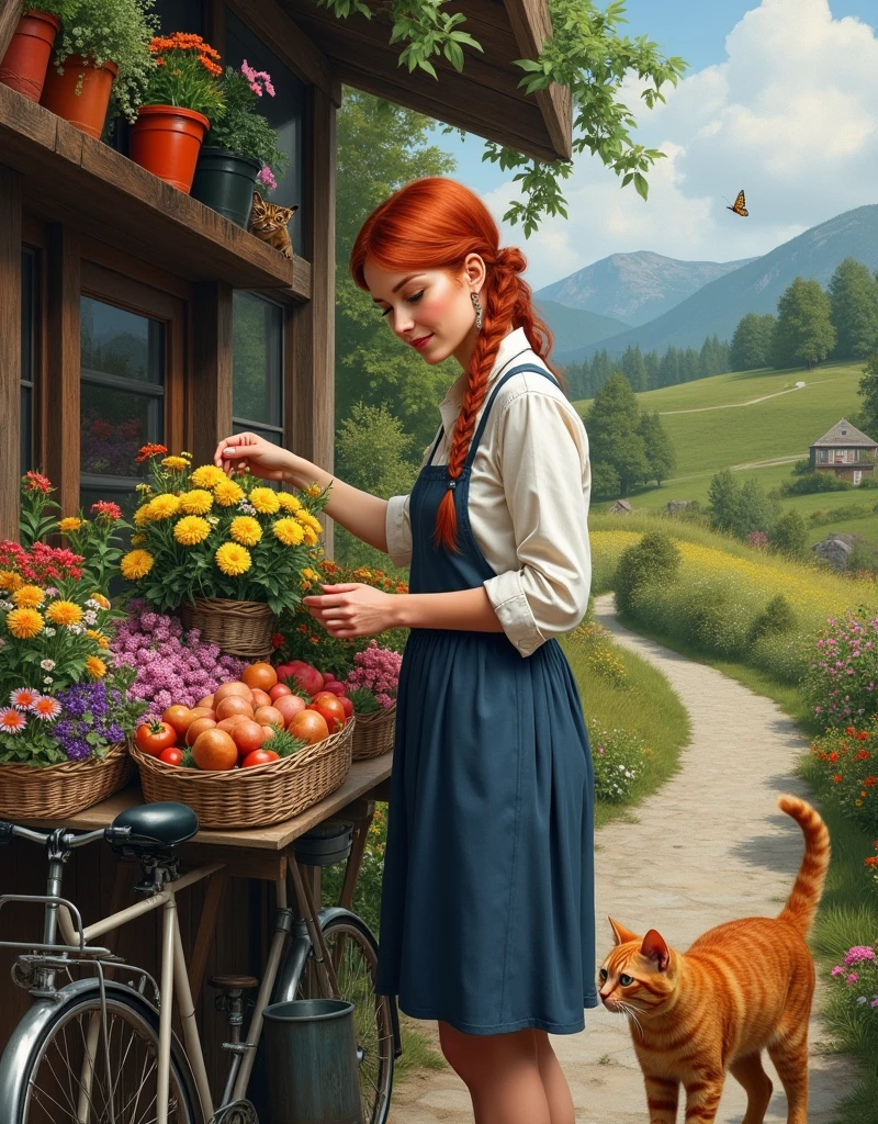 The beautiful redhead florist woman passionately nurturing vibrant flowers at her urban garden stall, insanely detailed and intricate scene, variety flowers and vegetables plants in background with beautiful hilly meadows and small. woods and also mountains with a curious ginger Mainecoon cat in the foreground and a butterfly resting on one of the flowers and a vintage bicycle with flower baskets and an old-fashioned watering can near the plants, detailed face, ultra sharp and focus, masterpiece photo realistic oil on canvas painting