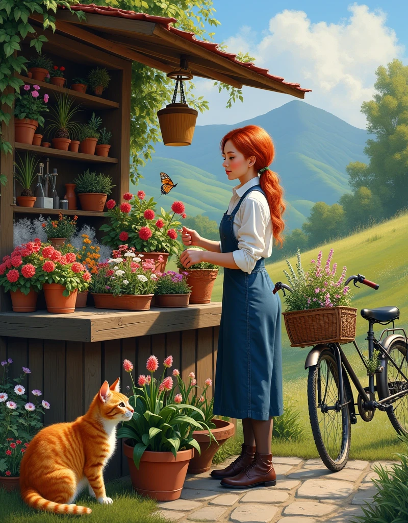 The beautiful redhead florist woman passionately nurturing vibrant flowers at her urban garden stall, insanely detailed and intricate scene, variety flowers and vegetables plants in background with beautiful hilly meadows and small. woods and also mountains with a curious ginger Mainecoon cat in the foreground and a butterfly resting on one of the flowers and a vintage bicycle with flower baskets and an old-fashioned watering can near the plants, detailed face, ultra sharp and focus, masterpiece photo realistic oil on canvas painting