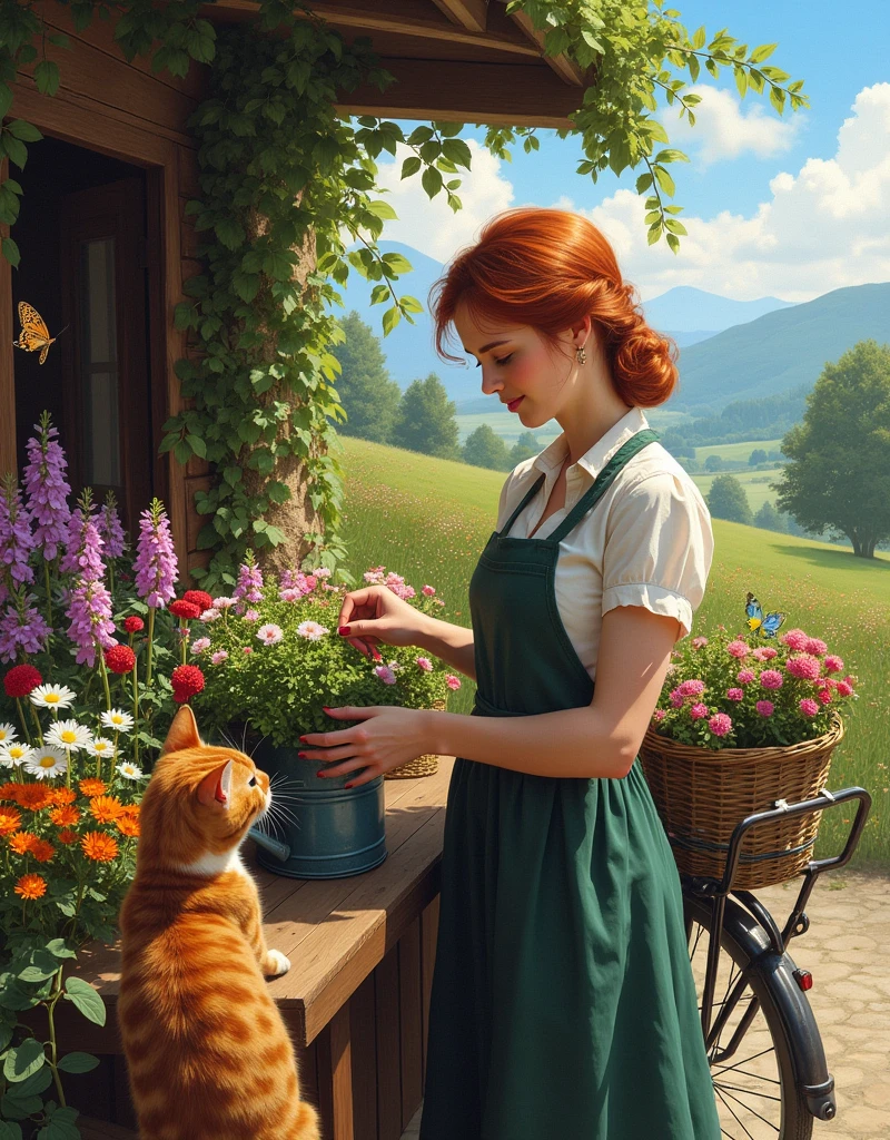 The beautiful redhead florist woman passionately nurturing vibrant flowers at her urban garden stall, insanely detailed and intricate scene, variety flowers and vegetables plants in background with beautiful hilly meadows and small. woods and also mountains with a curious ginger Mainecoon cat in the foreground and a butterfly resting on one of the flowers and a vintage bicycle with flower baskets and an old-fashioned watering can near the plants, detailed face, ultra sharp and focus, masterpiece photo realistic oil on canvas painting