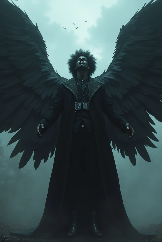 Afro male in a scary coat Mask on with huge wings steering at the sky with the word Tj Purple written at the back of his coat
