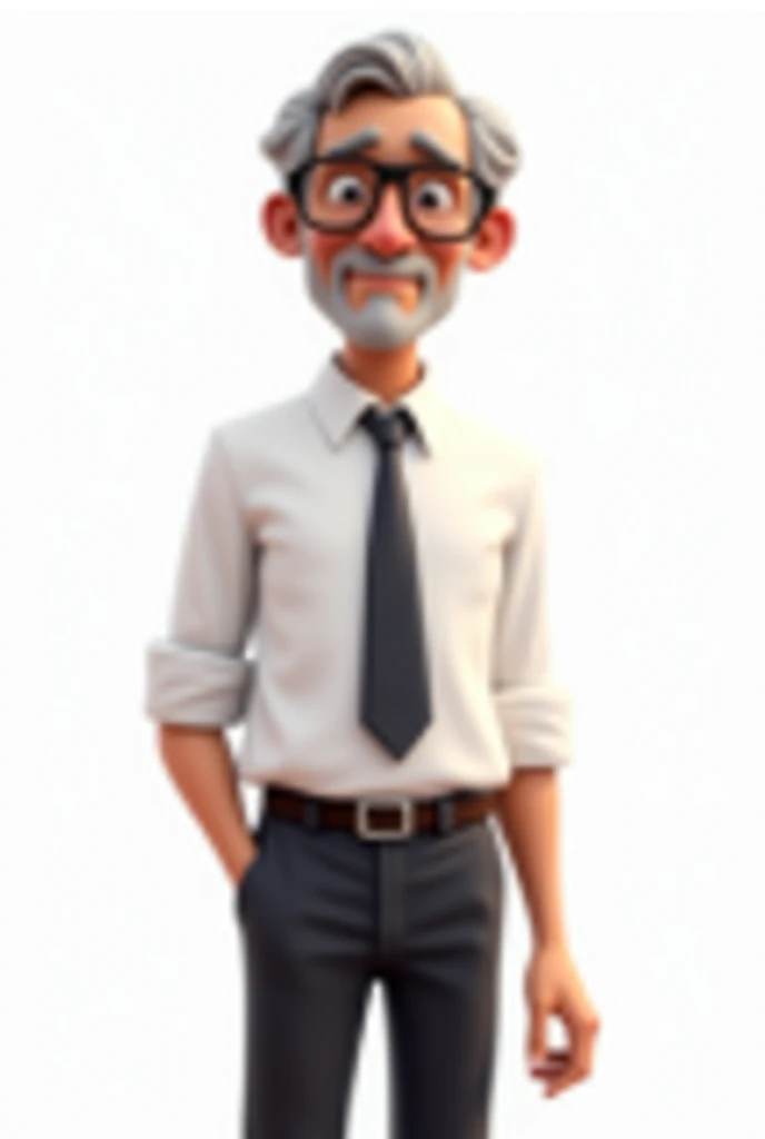 TEACHER man without glasses, Brown skin, old, WITH WHITE SHIRT, TIE AND BLACK PANTS. ANIMATED IMAGE AND WHITE BACKGROUND