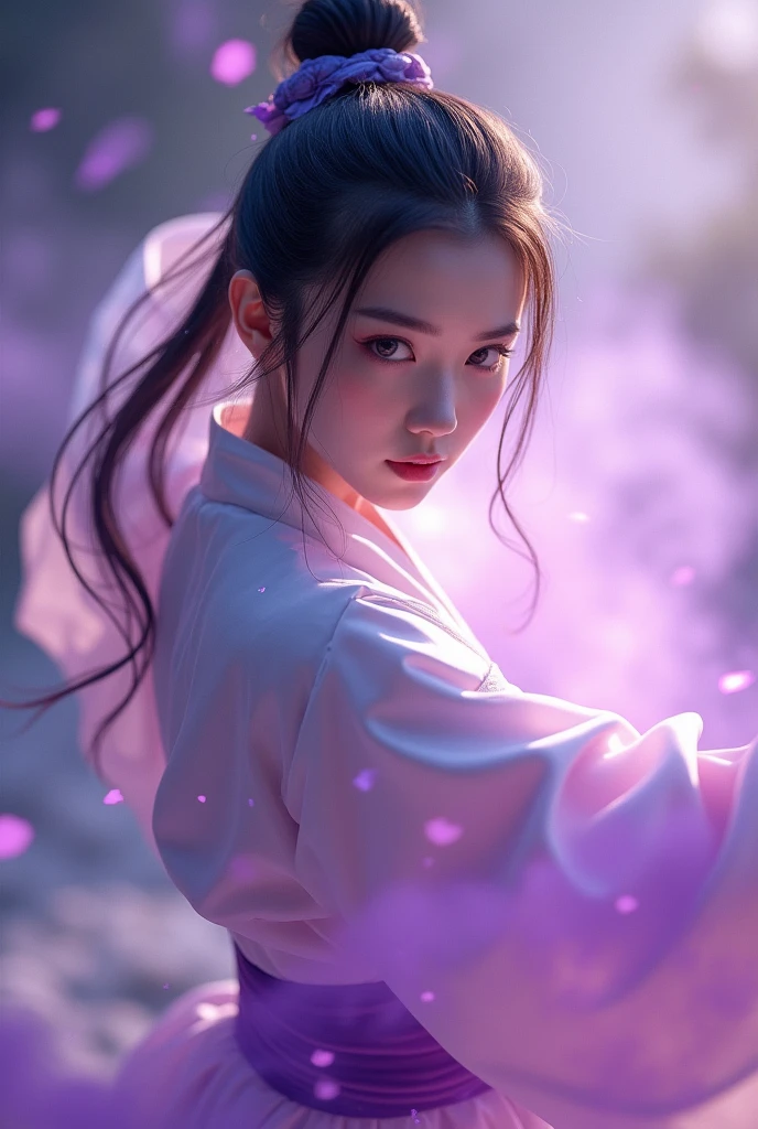 Beautiful Chinese girl, Sharp eyes, Clear facial features, wearing hanfu, Fighting pose, martial arts movements, body surrounded by purple mist, runes around, holographic reality, holographic halo, Blur, in-game lighting effects, side light, soft light, movie side light, Gentle light, masterpiece, super detailed, epic composition, super HD, high quality, top quality, 32K