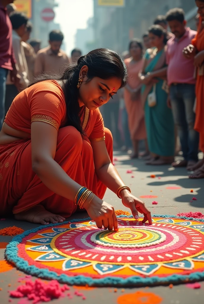 A woman who is making rangoli of Lord Ram on the road and everyone is laughing at her.