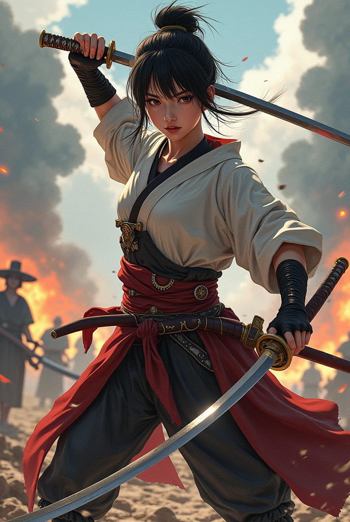 an anime style girl, holding a katana in war