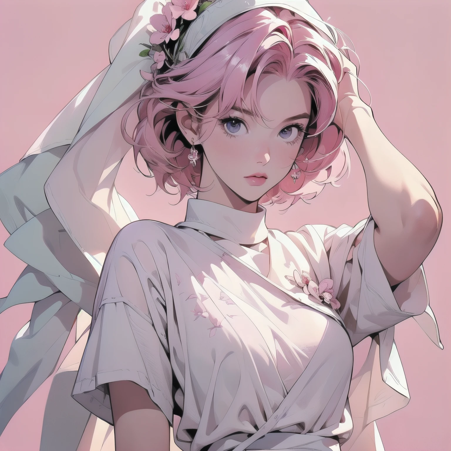 trigun、Persona、Beautiful woman、Movie Posters、Upper Body、Model Pose、mysterious、Small breasts、Short sleeve、(((pink hair))),Lots of flowers、Angel、(((Wear a white cloth on your head)))