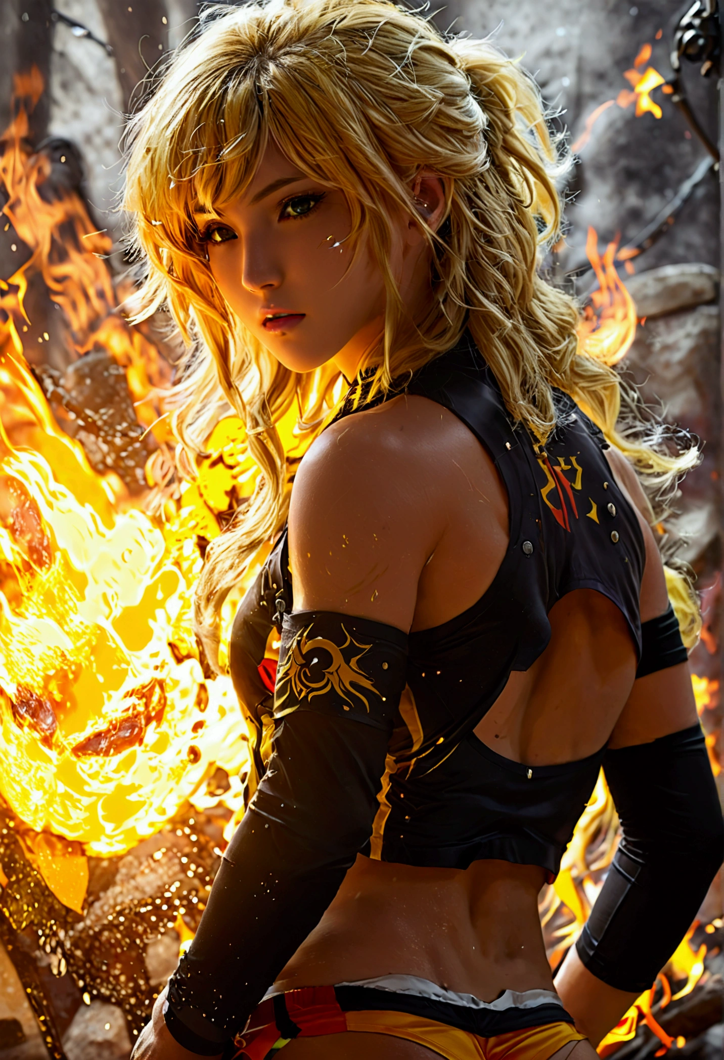 Yang Xiao Long of 'RWBY', aroused face, yellow hair, mystic fire all around, skin tight shorts, booty cheek shorts, 3/4 looking back pose, lean muscle, strong butt, ass cheek peaks out from shorts